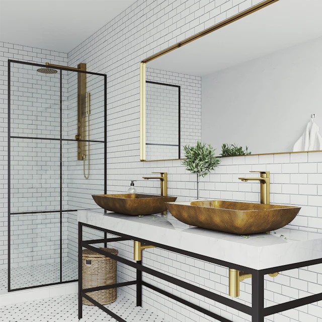 Glass Rectangular Vessel Bathroom Sink in Gold with Norfolk Faucet and Pop-Up Drain in Matte Gold - angle 2 - other