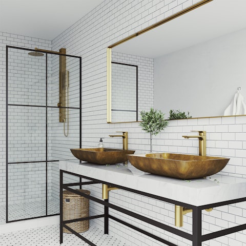 Glass Rectangular Vessel Bathroom Sink in Gold with Norfolk Faucet and Pop-Up Drain in Matte Gold - image 2 - other
