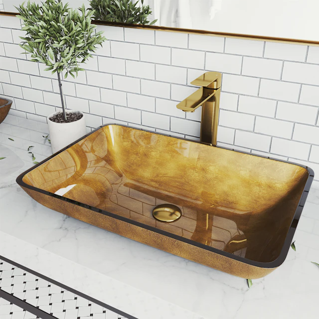 Glass Rectangular Vessel Bathroom Sink in Gold with Norfolk Faucet and Pop-Up Drain in Matte Gold - angle 3 - other