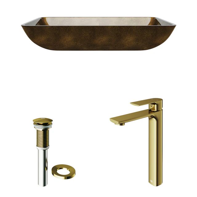 Glass Rectangular Vessel Bathroom Sink in Gold with Norfolk Faucet and Pop-Up Drain in Matte Gold - angle 4 - other
