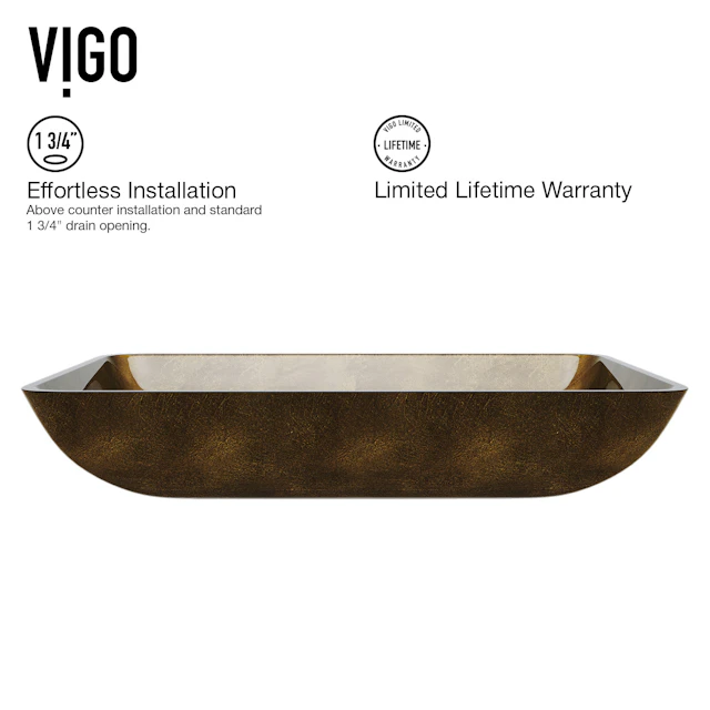 Glass Rectangular Vessel Bathroom Sink in Gold with Norfolk Faucet and Pop-Up Drain in Matte Gold - angle 5 - other