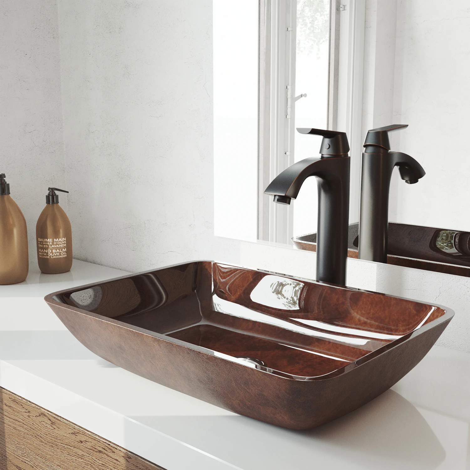Glass Rectangular Vessel Bathroom Sink in Red/Brown Fusion with Linus Faucet and Pop-Up Drain