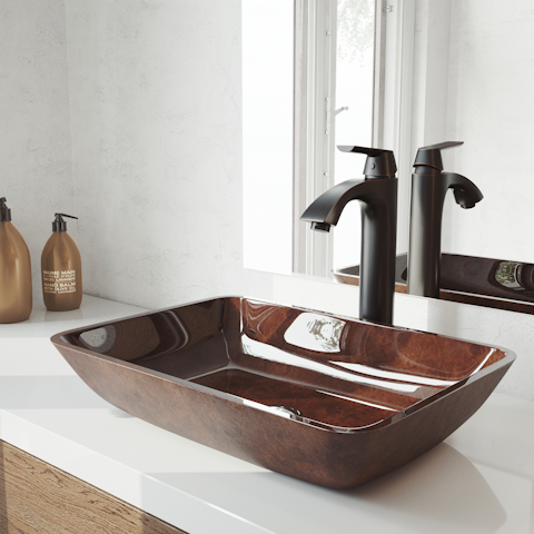 Glass Rectangular Vessel Bathroom Sink in Red/Brown Fusion with Linus Faucet and Pop-Up Drain - image 1 - other