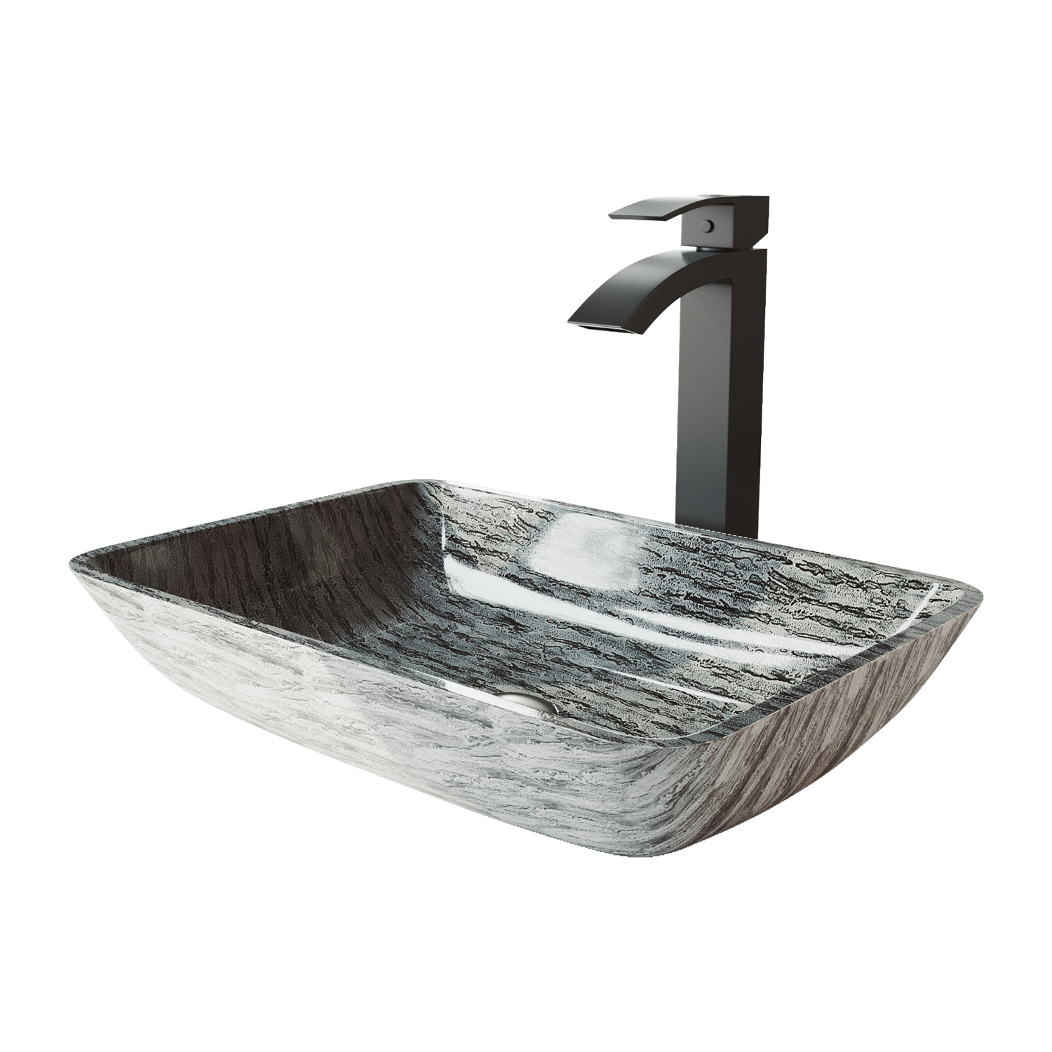 Glass Rectangular Vessel Bathroom Sink in Titanium Gray with Duris Faucet and Pop-Up Drain