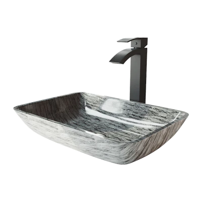 Glass Rectangular Vessel Bathroom Sink in Titanium Gray with Duris Faucet and Pop-Up Drain