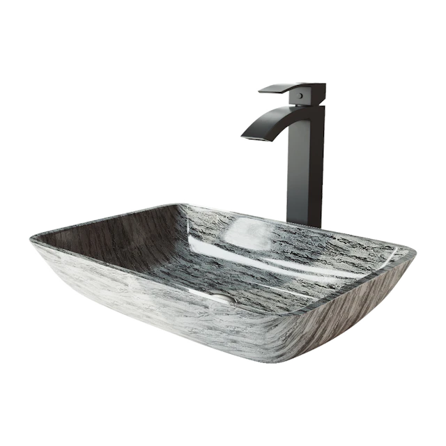 Glass Rectangular Vessel Bathroom Sink in Titanium Gray with Duris Faucet and Pop-Up Drain - angle 1 - other
