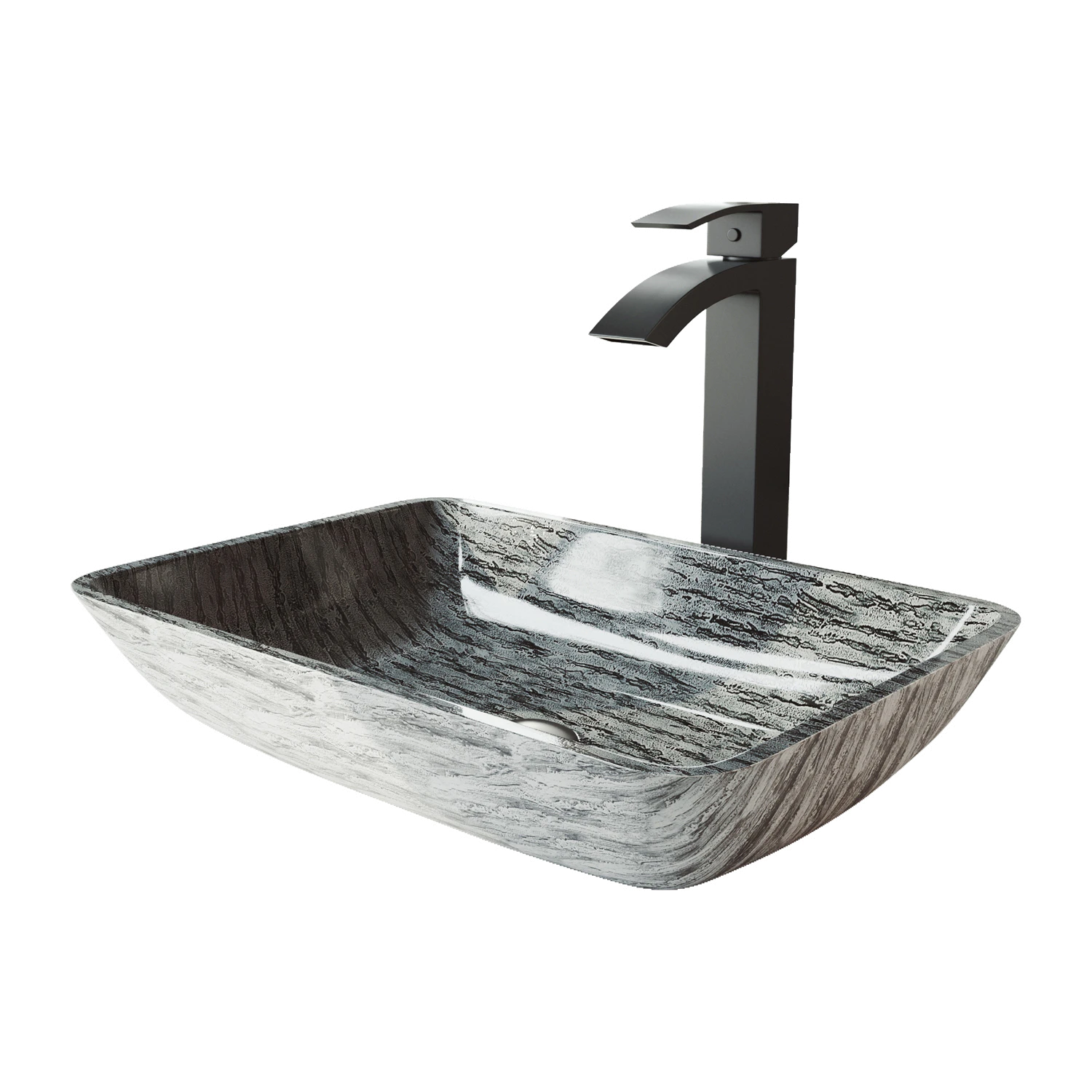 Glass Rectangular Vessel Bathroom Sink in Titanium Gray with Duris Faucet and Pop-Up Drain