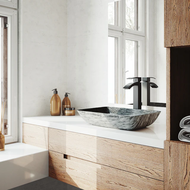 Glass Rectangular Vessel Bathroom Sink in Titanium Gray with Duris Faucet and Pop-Up Drain - angle 2 - other