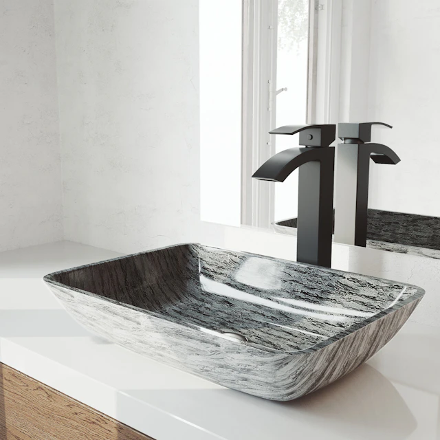 Glass Rectangular Vessel Bathroom Sink in Titanium Gray with Duris Faucet and Pop-Up Drain - angle 3 - other