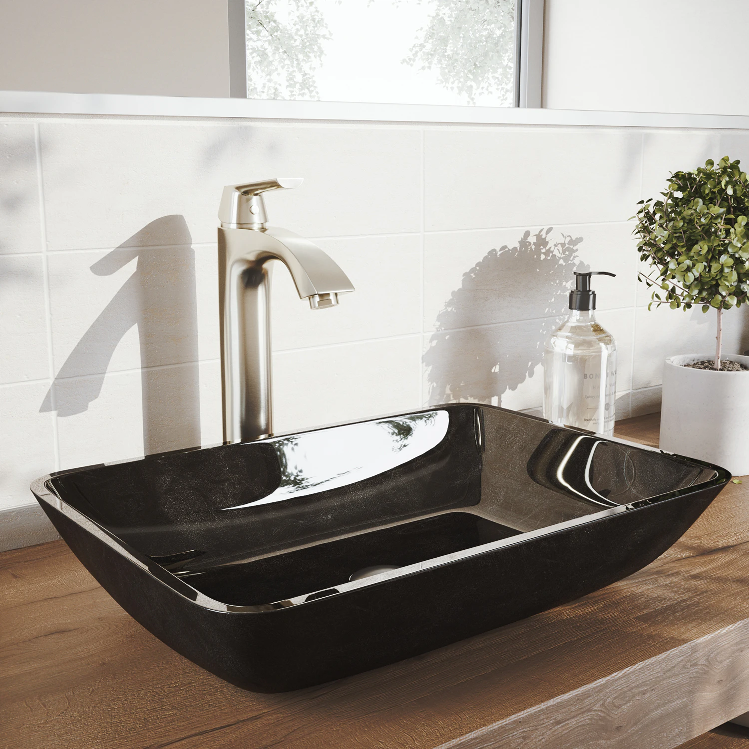 Glass Rectangular Vessel Bathroom Sink in Onyx Gray with Linus Faucet and Pop-Up Drain