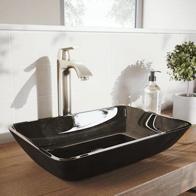 Glass Rectangular Vessel Bathroom Sink in Onyx Gray with Linus Faucet and Pop-Up Drain