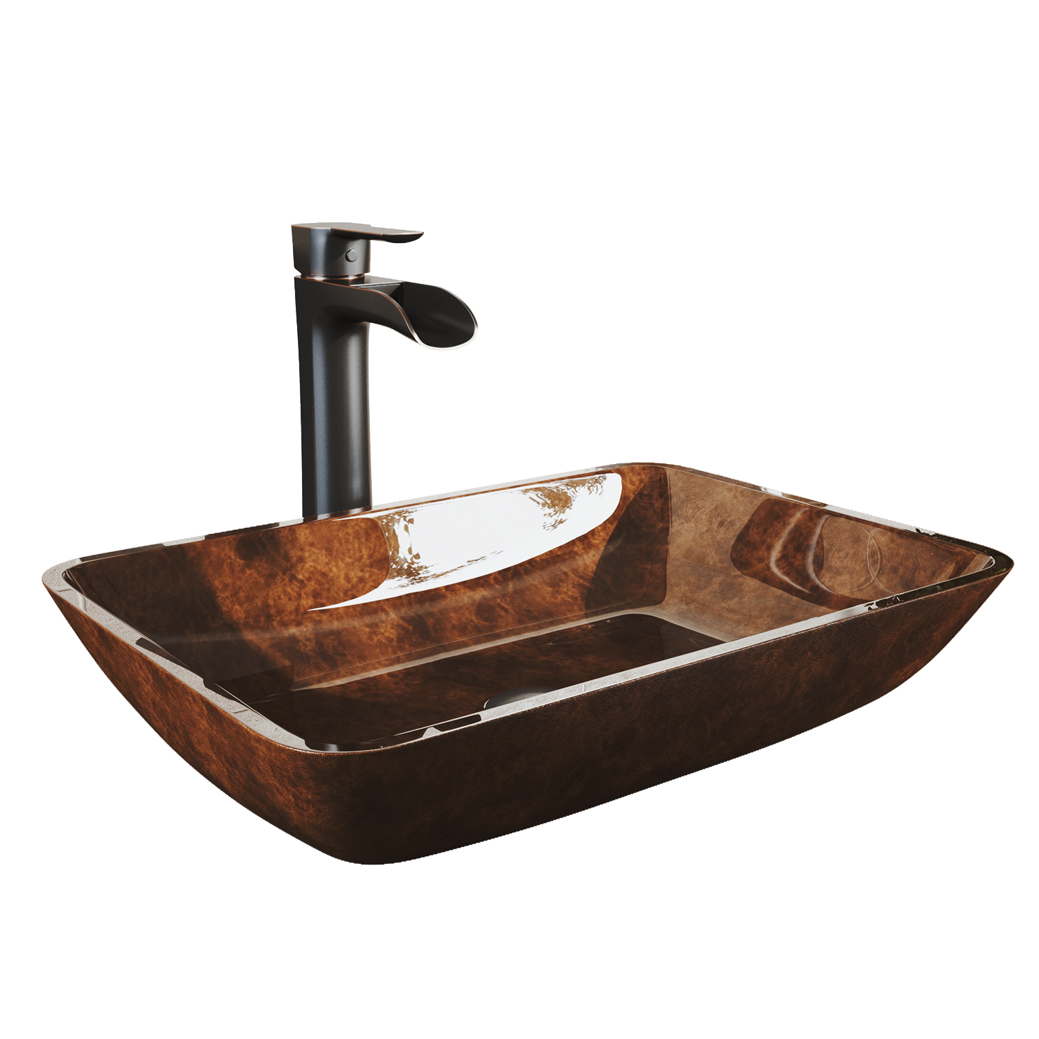 Glass Rectangular Vessel Bathroom Sink in Red/Brown Fusion with Niko Faucet and Pop-Up Drain