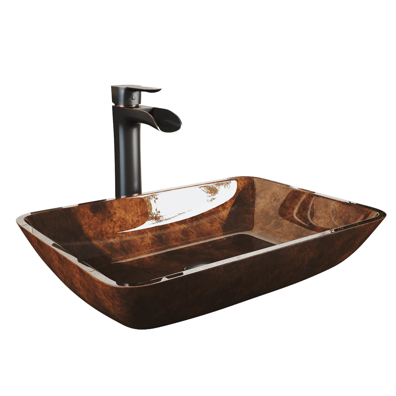 Glass Rectangular Vessel Bathroom Sink in Red/Brown Fusion with Niko Faucet and Pop-Up Drain