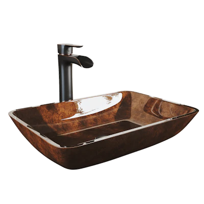 Glass Rectangular Vessel Bathroom Sink in Red/Brown Fusion with Niko Faucet and Pop-Up Drain