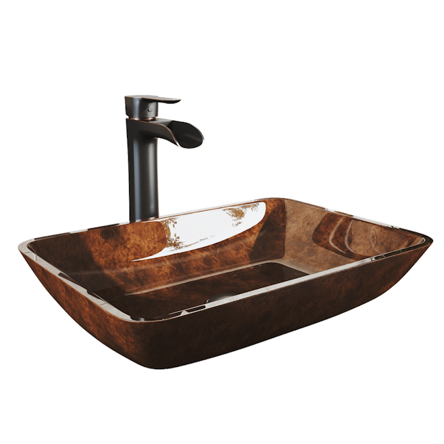 Glass Rectangular Vessel Bathroom Sink in Red/Brown Fusion with Niko Faucet and Pop-Up Drain - image 1 - other