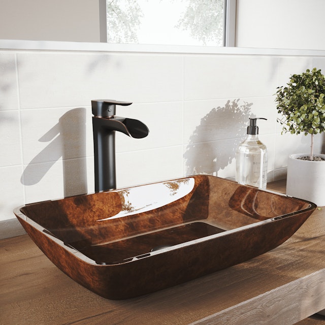 Glass Rectangular Vessel Bathroom Sink in Red/Brown Fusion with Niko Faucet and Pop-Up Drain - image 2 - other