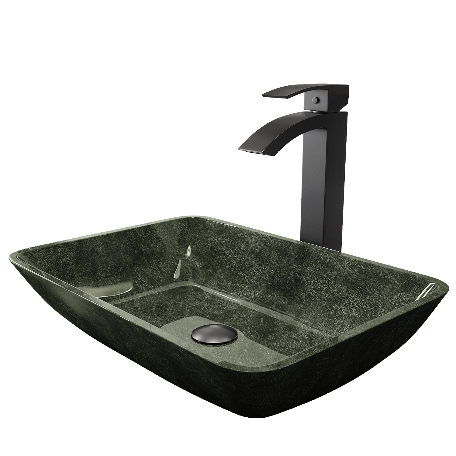Glass Rectangular Vessel Bathroom Sink in Onyx Gray with Duris Faucet and Pop-Up Drain
