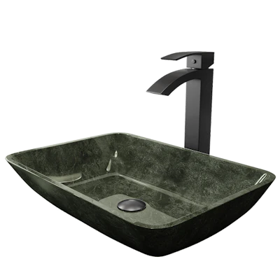 Glass Rectangular Vessel Bathroom Sink in Onyx Gray with Duris Faucet and Pop-Up Drain
