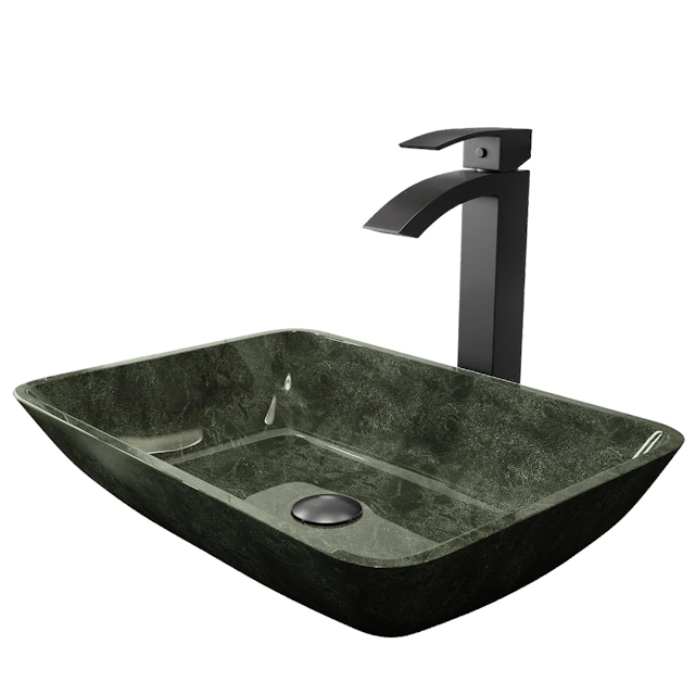 Glass Rectangular Vessel Bathroom Sink in Onyx Gray with Duris Faucet and Pop-Up Drain - angle 1 - other