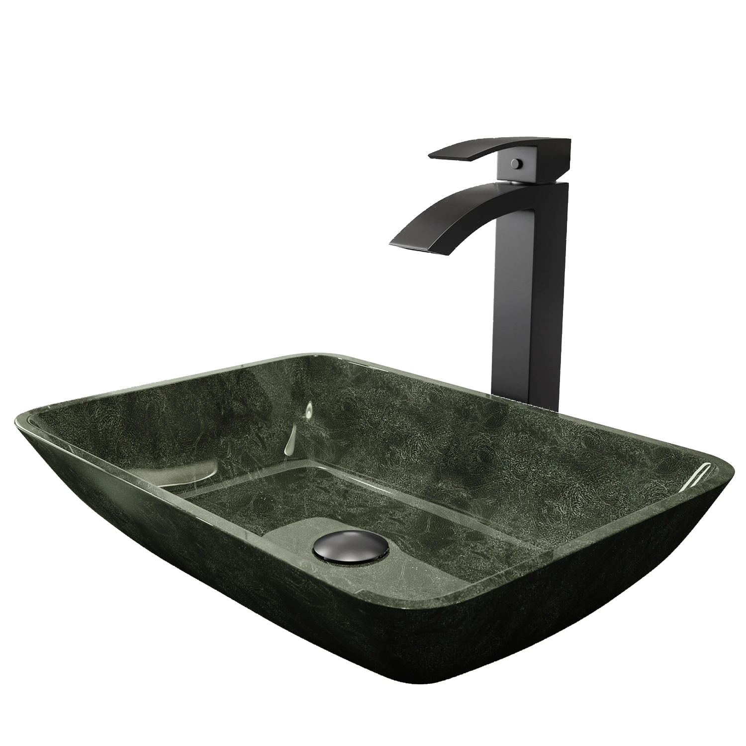 Glass Rectangular Vessel Bathroom Sink in Onyx Gray with Duris Faucet and Pop-Up Drain