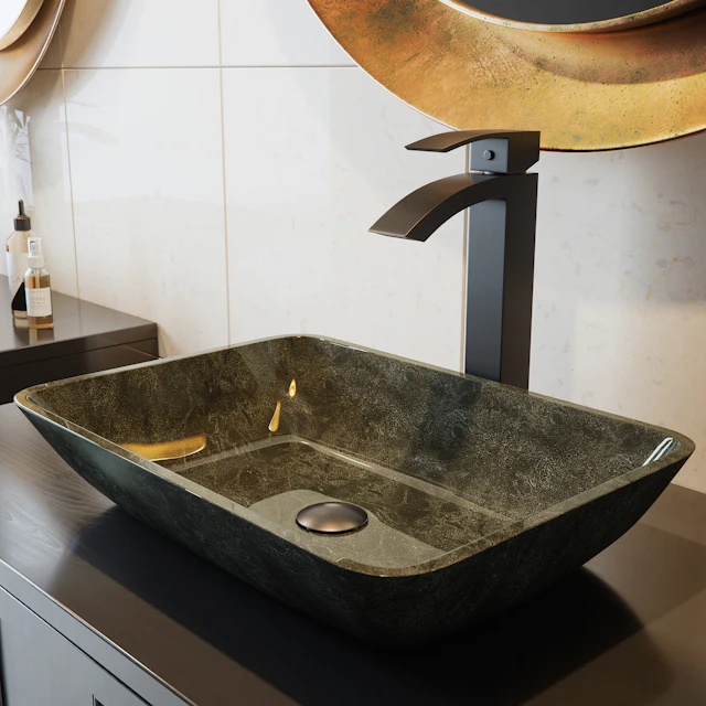 Glass Rectangular Vessel Bathroom Sink in Onyx Gray with Duris Faucet and Pop-Up Drain - angle 2 - other