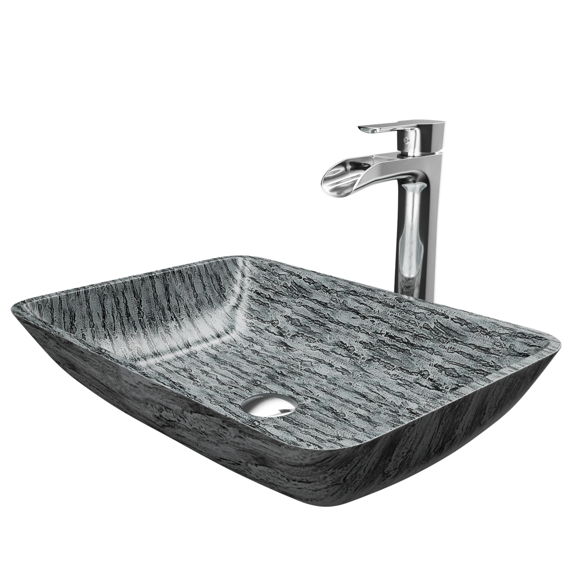 Glass Rectangular Vessel Bathroom Sink in Titanium Gray with Niko Faucet and Pop-Up Drain