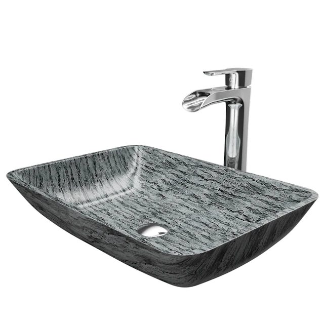 Glass Rectangular Vessel Bathroom Sink in Titanium Gray with Niko Faucet and Pop-Up Drain - angle 1 - other