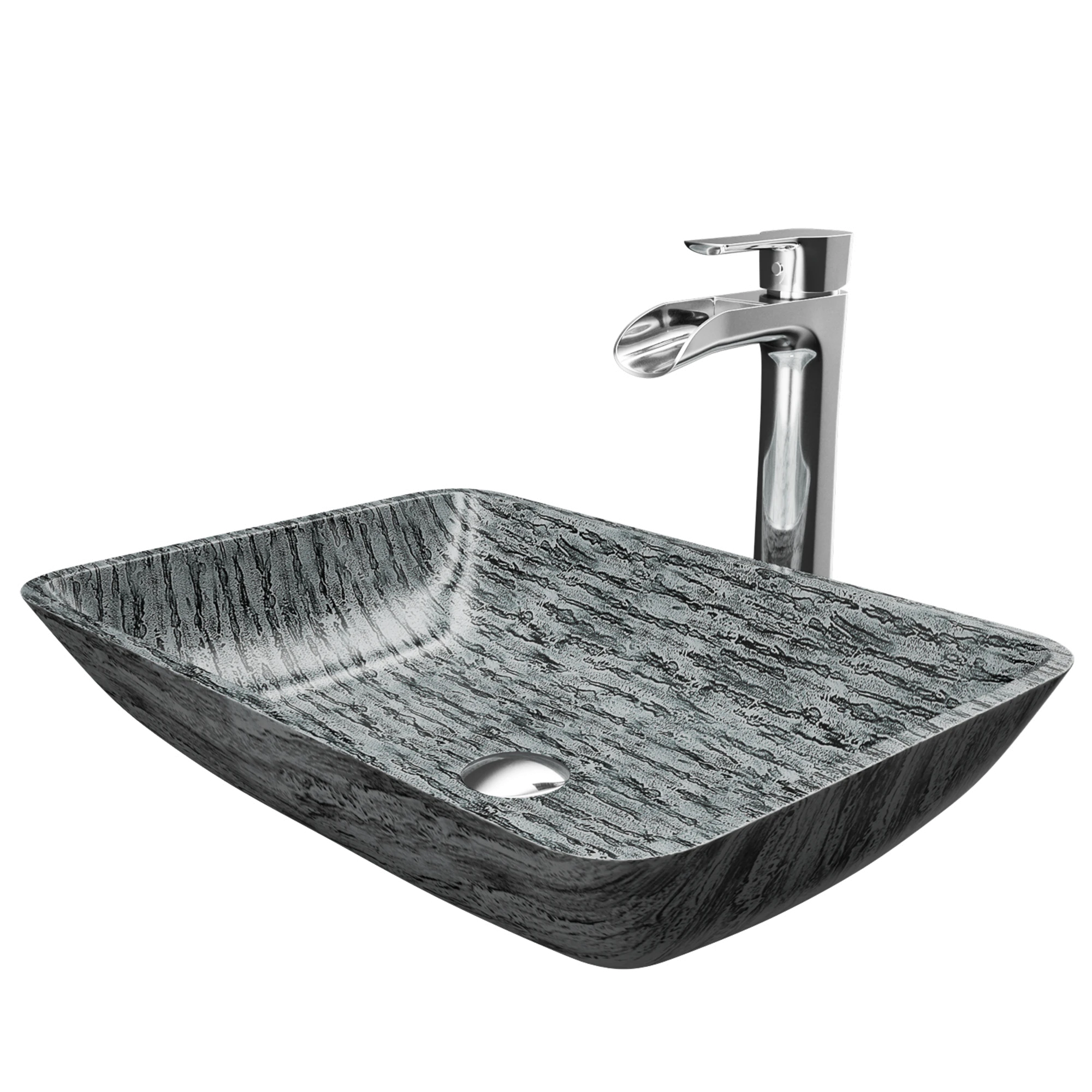 Glass Rectangular Vessel Bathroom Sink in Titanium Gray with Niko Faucet and Pop-Up Drain