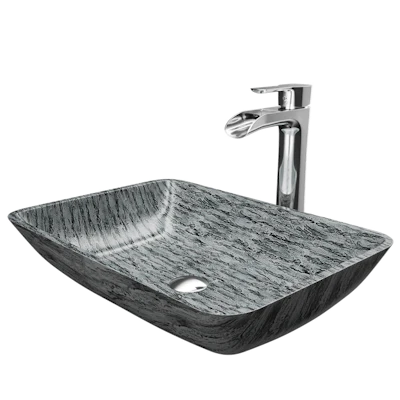 Glass Rectangular Vessel Bathroom Sink in Titanium Gray with Niko Faucet and Pop-Up Drain