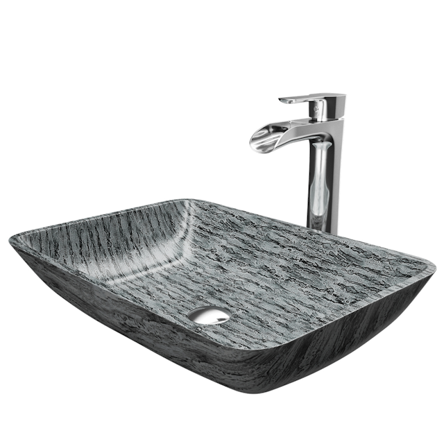 Glass Rectangular Vessel Bathroom Sink in Titanium Gray with Niko Faucet and Pop-Up Drain - image 1 - other