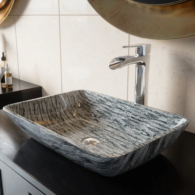 Glass Rectangular Vessel Bathroom Sink in Titanium Gray with Niko Faucet and Pop-Up Drain - angle 2 - other
