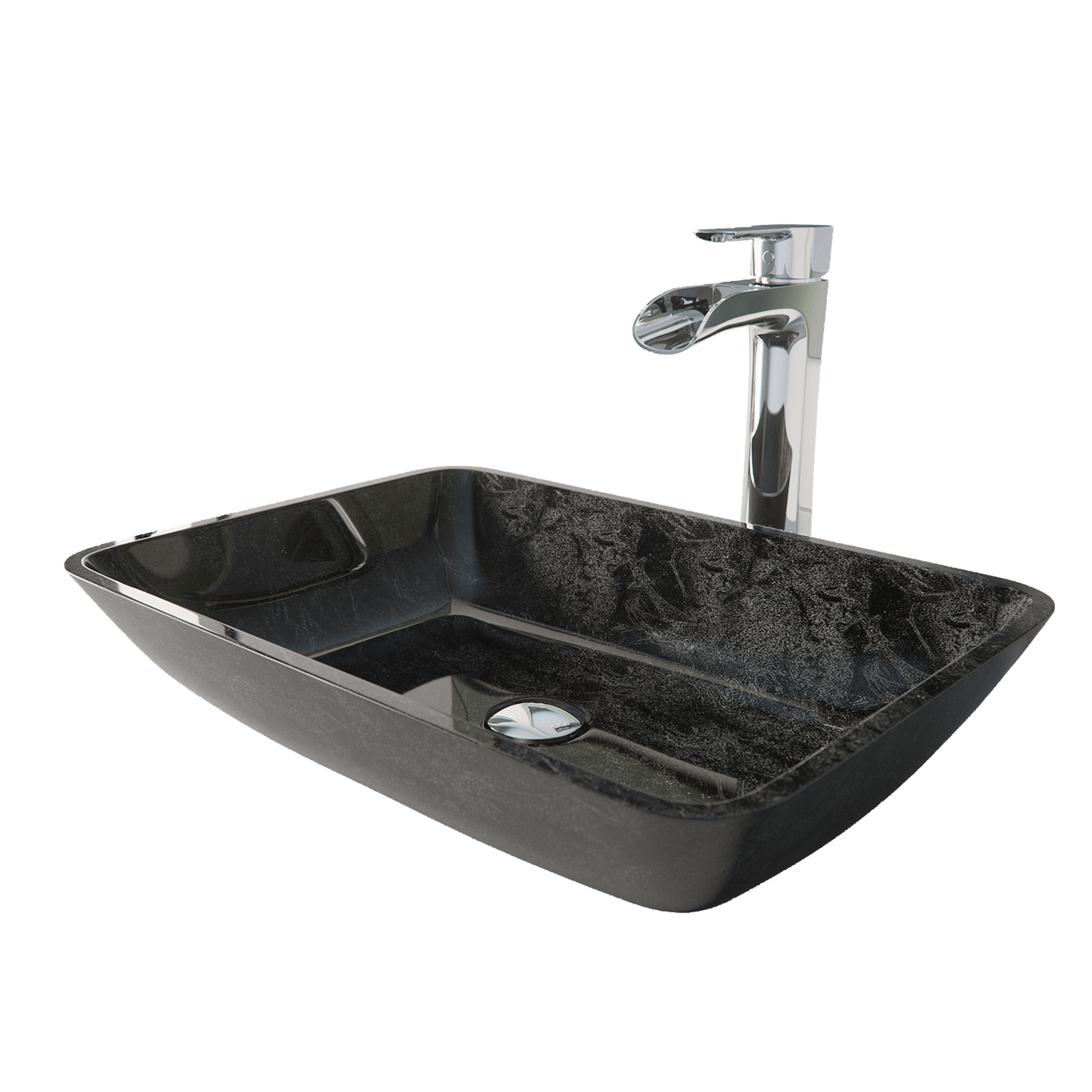 Glass Rectangular Vessel Bathroom Sink in Onyx Gray with Niko Faucet and Pop-Up Drain