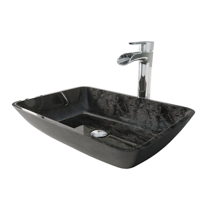 Glass Rectangular Vessel Bathroom Sink in Onyx Gray with Niko Faucet and Pop-Up Drain