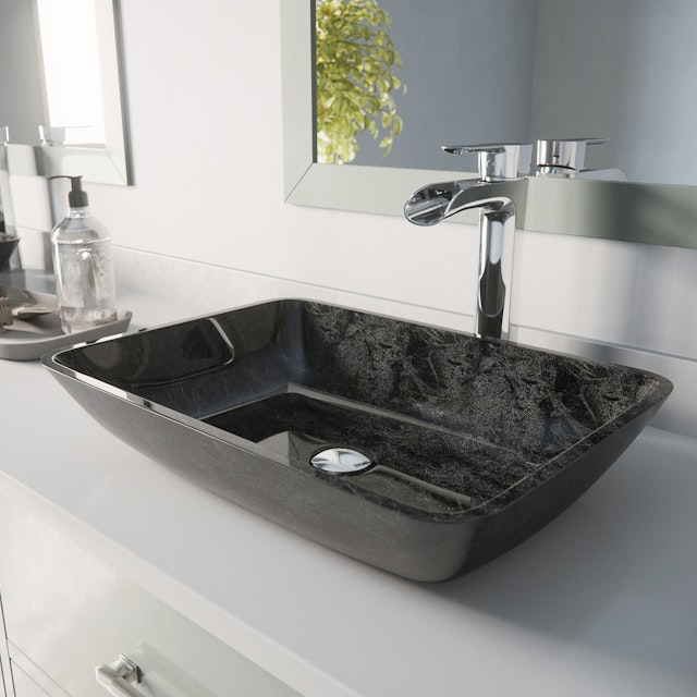 Glass Rectangular Vessel Bathroom Sink in Onyx Gray with Niko Faucet and Pop-Up Drain - image 2 - other