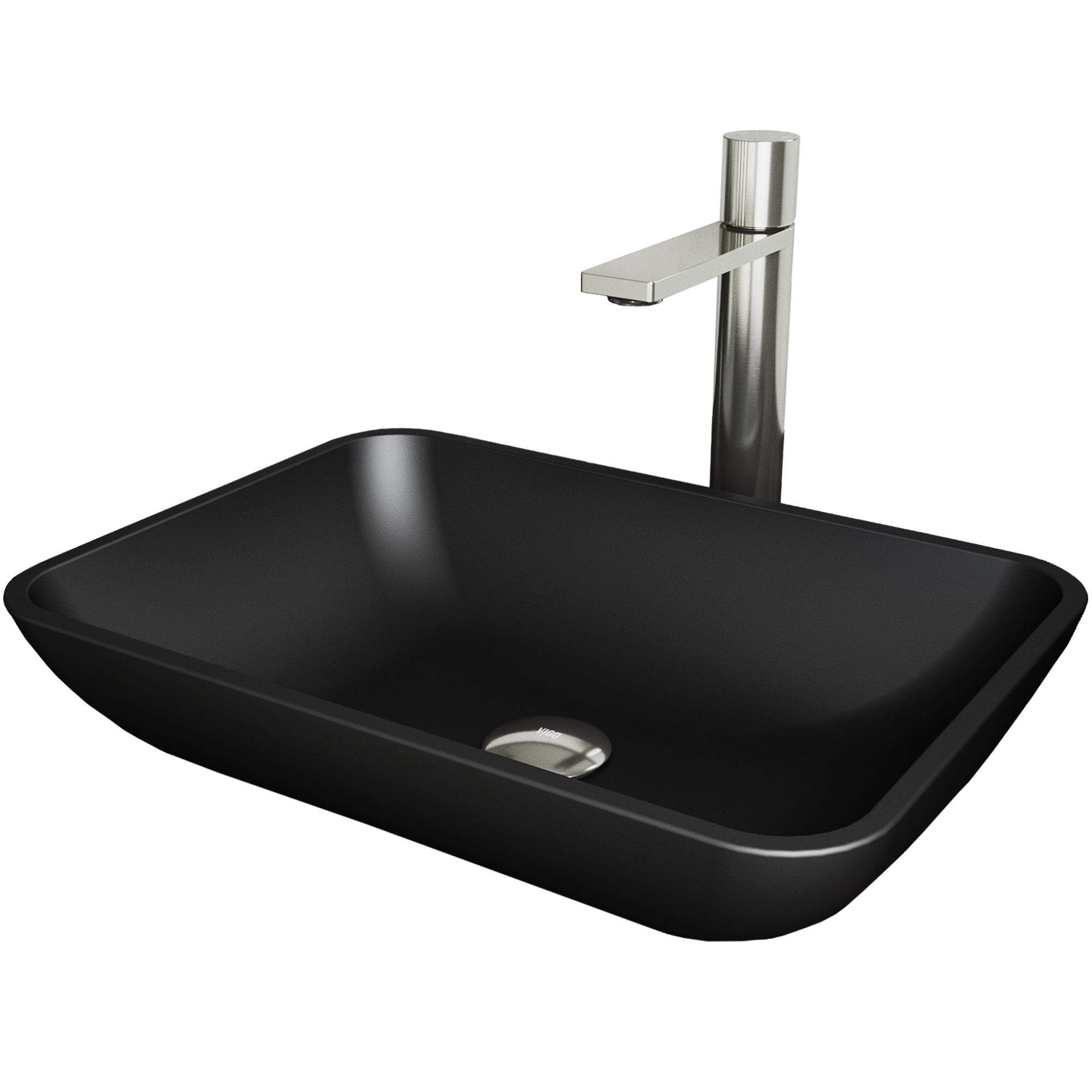 Matte Shell Sottile Glass Rectangular Vessel Bathroom Sink in Black with Faucet and Pop-Up Drain