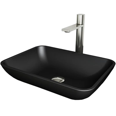 Matte Shell Sottile Glass Rectangular Vessel Bathroom Sink in Black with Faucet and Pop-Up Drain