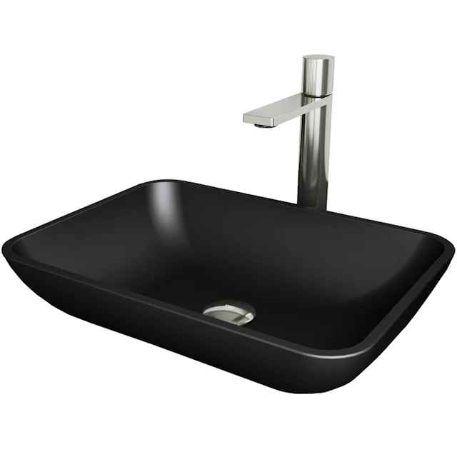 Matte Shell Sottile Glass Rectangular Vessel Bathroom Sink in Black with Faucet and Pop-Up Drain - angle 1 - other