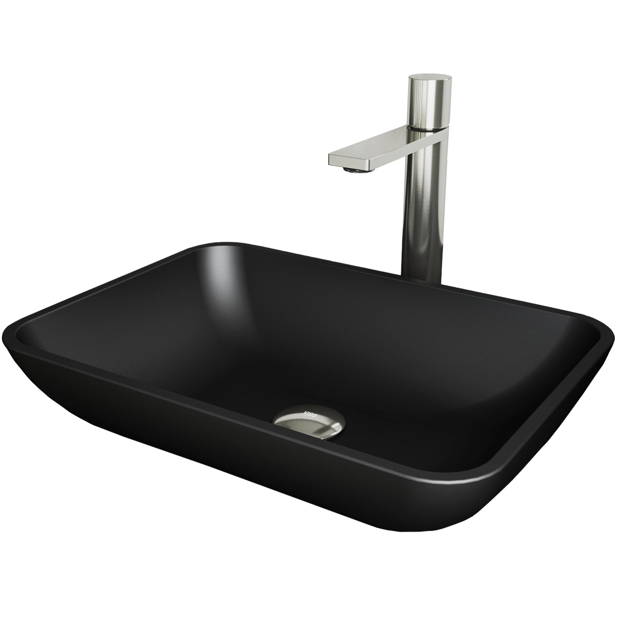 Matte Shell Sottile Glass Rectangular Vessel Bathroom Sink in Black with Faucet and Pop-Up Drain