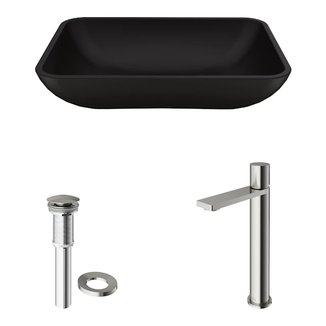 Matte Shell Sottile Glass Rectangular Vessel Bathroom Sink in Black with Faucet and Pop-Up Drain - angle 11 - other