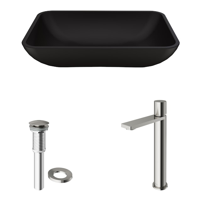 Matte Shell Sottile Glass Rectangular Vessel Bathroom Sink in Black with Faucet and Pop-Up Drain - image 11 - other