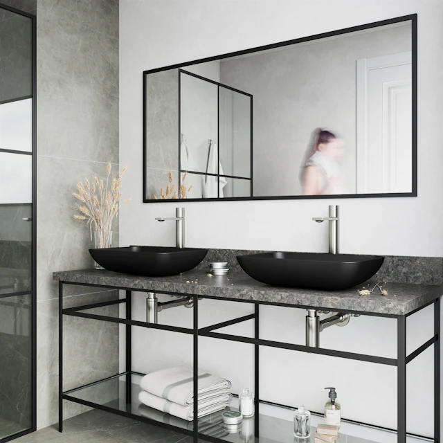 Matte Shell Sottile Glass Rectangular Vessel Bathroom Sink in Black with Faucet and Pop-Up Drain - angle 2 - other