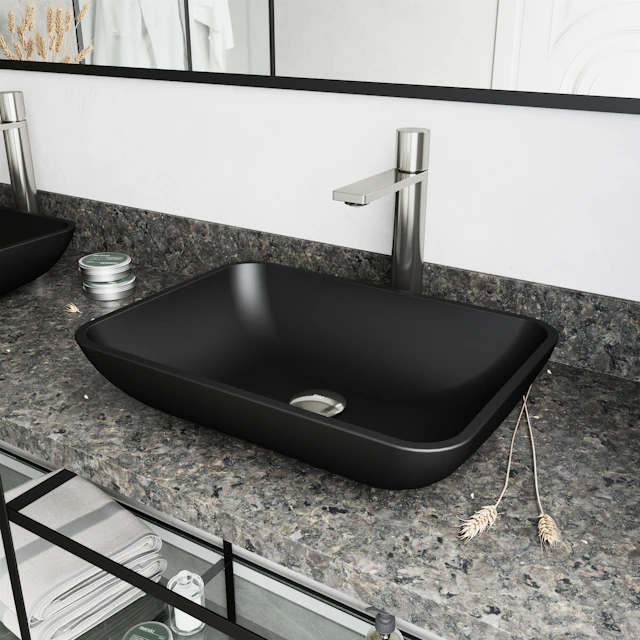 Matte Shell Sottile Glass Rectangular Vessel Bathroom Sink in Black with Faucet and Pop-Up Drain - angle 3 - other