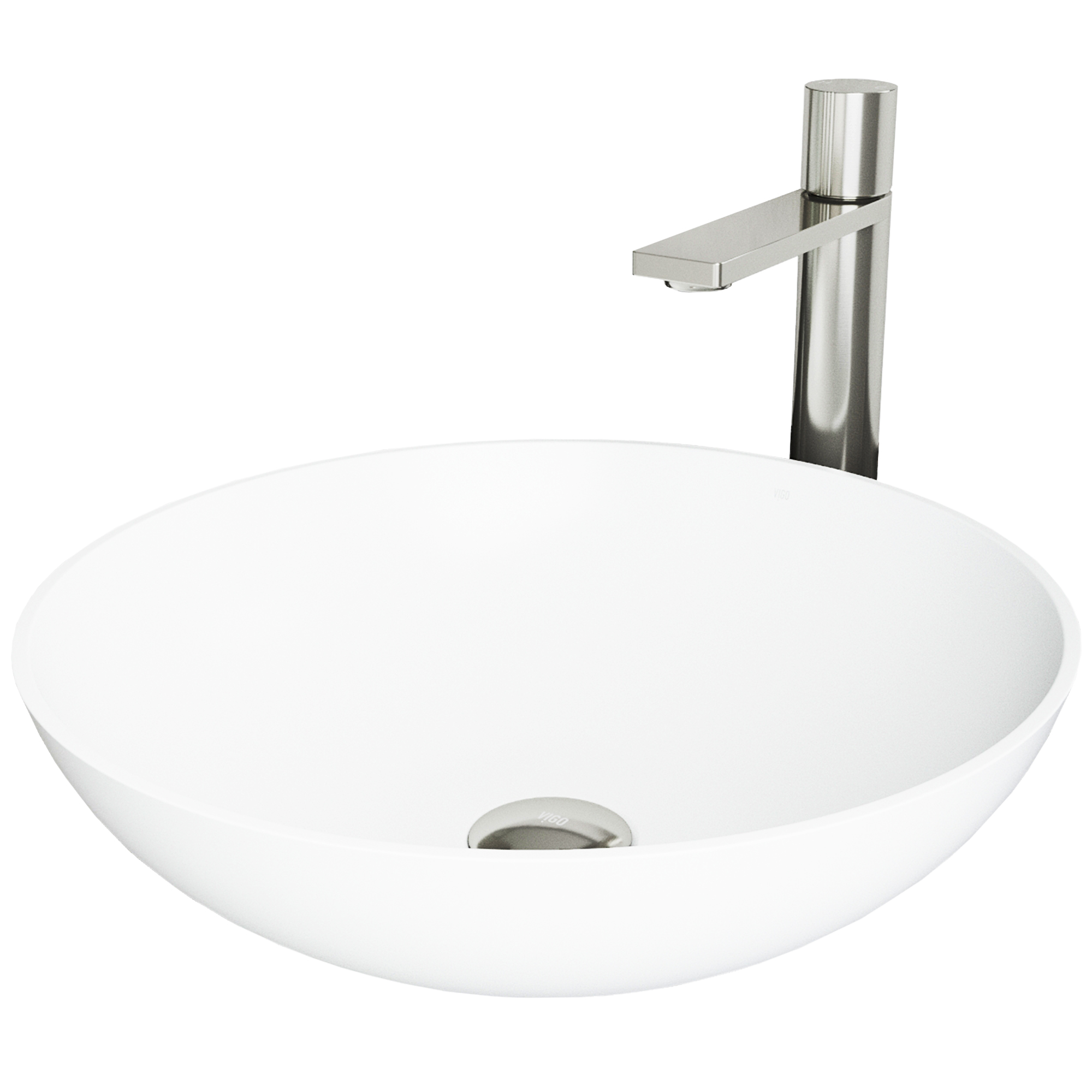 Matte Stone Lotus Composite Round Vessel Bathroom Sink in White with Gotham Faucet and Pop-Up Drain