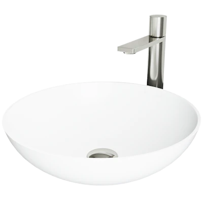 Matte Stone Lotus Composite Round Vessel Bathroom Sink in White with Gotham Faucet and Pop-Up Drain
