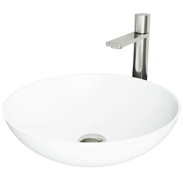 Matte Stone Lotus Composite Round Vessel Bathroom Sink in White with Gotham Faucet and Pop-Up Drain - angle 1 - other