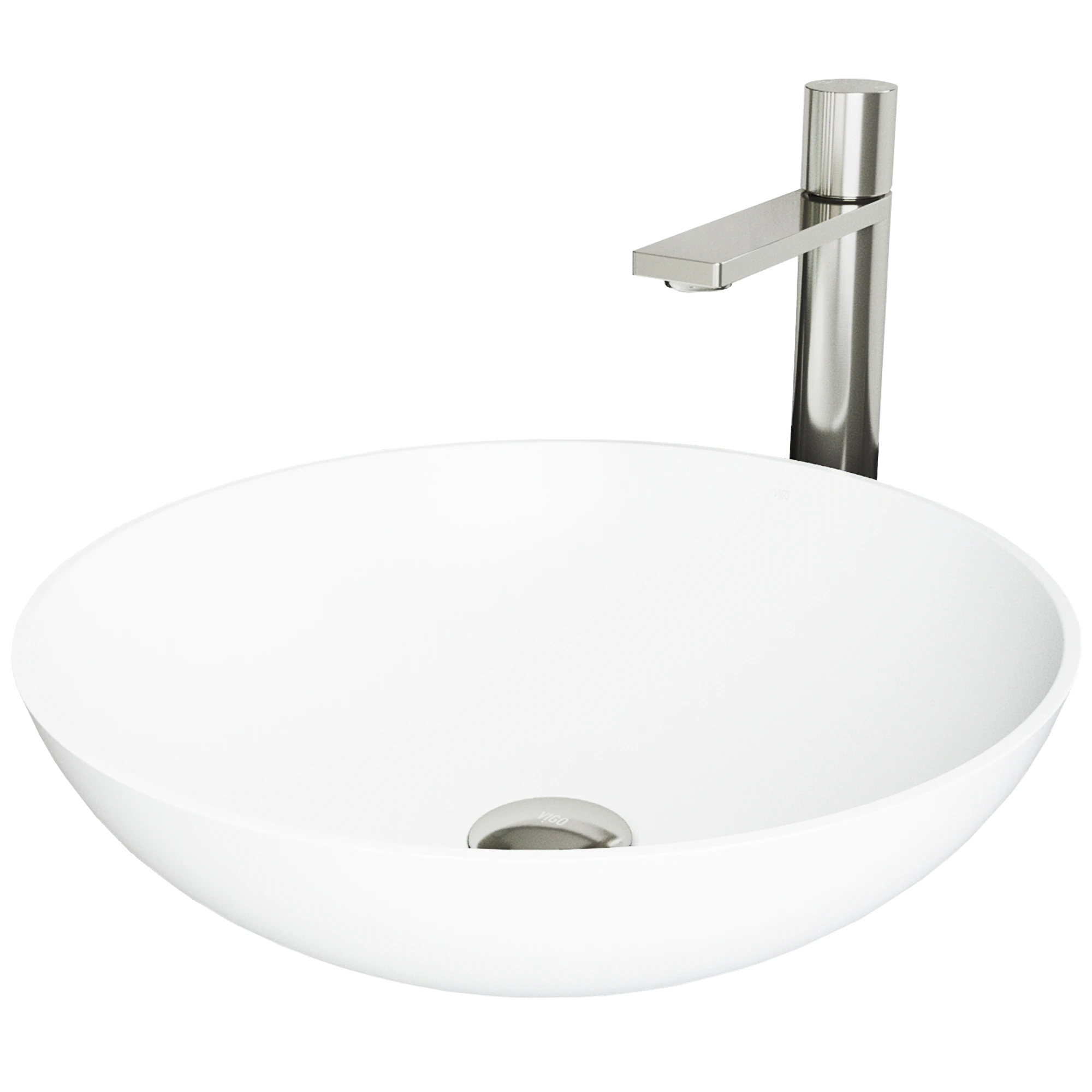 Matte Stone Lotus Composite Round Vessel Bathroom Sink in White with Gotham Faucet and Pop-Up Drain