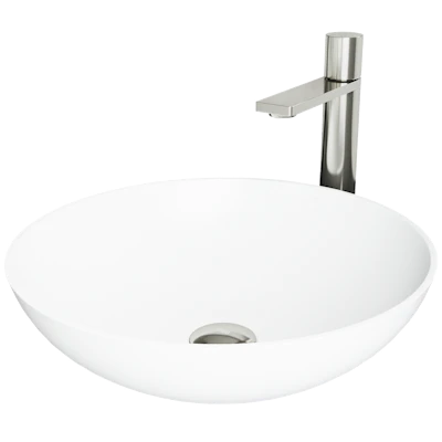 Matte Stone Lotus Composite Round Vessel Bathroom Sink in White with Gotham Faucet and Pop-Up Drain
