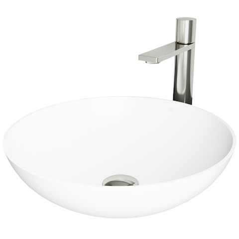 Matte Stone Lotus Composite Round Vessel Bathroom Sink in White with Gotham Faucet and Pop-Up Drain - image 1 - other