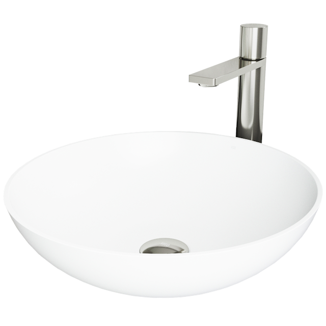 Matte Stone Lotus Composite Round Vessel Bathroom Sink in White with Gotham Faucet and Pop-Up Drain - image 1 - other