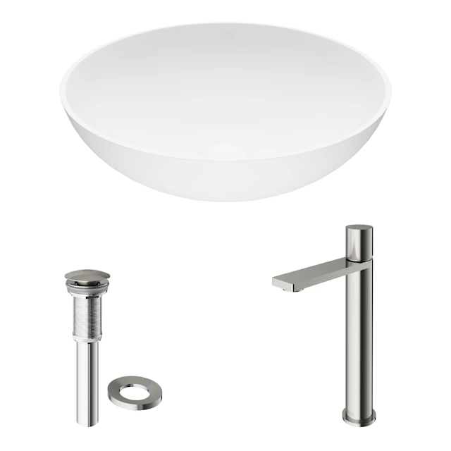 Matte Stone Lotus Composite Round Vessel Bathroom Sink in White with Gotham Faucet and Pop-Up Drain - angle 11 - other